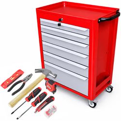 Carrinho Para Ferramentas Vermelho Com 6 Gavetas + Jogo de Ferramentas 8 Peças - Fercar