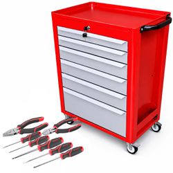 Carrinho Para Ferramentas Vermelho Com 6 Gavetas + Jogo de Ferramentas 7 Peças - Fercar