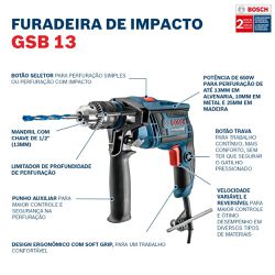 Furadeira de Impacto Bosch GSB 13 RE 750W Set 23 AC