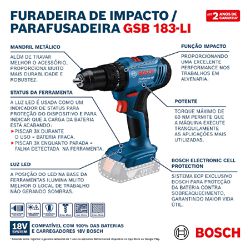 Furadeira e Parafusadeira de Impacto GSB 183-Li Com 2 Baterias e Carregador (06019K91E2) - Bosch