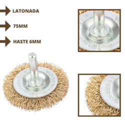 ESCOVA DE ACO CIRCULAR LATONADA 75MM HASTE 6MM FIO ONDULADO - Romata Ferramentas e Máquinas