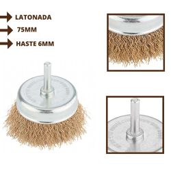 ESCOVA DE ACO LATONADA TIPO COPO 75MM HASTE 6MM FIO ONDULADO - Romata Ferramentas e Máquinas