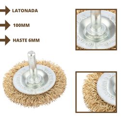 ESCOVA DE AÇO CIRCULAR LATONADA 100MM HASTE 6MM FIO ONDULADO - Romata Ferramentas e Máquinas