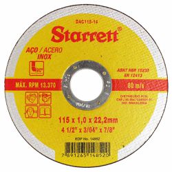 Disco de Corte 4.1/2 x 1,0mm x 7/8 DAC115-14 Starrett - Santec