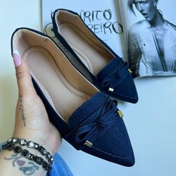 Sapatilha Jeans Bico Fino com Laço - FIL184 - Talline Sapatilhas Atacado