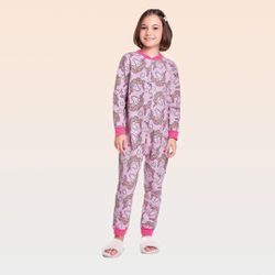  Macacão pijama em moletom Rot. Unicórnio poás branco/Rosa chiclete FAKINI
