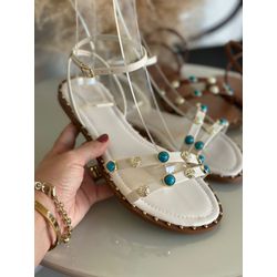 Rasteira OFF WHITE Cravejada com Detalhe Azul - FI... - Talline Sapatilhas Atacado