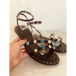 Rasteira Preta Cravejada com Detalhe Azul - FIL123 - Talline Sapatilhas Atacado