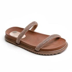 A sandália Birken BK02 com duas tiras de strass e sola de 1,5 cm, disponível em preto, bronze e off white.