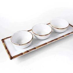 Jogo 3 Petisqueiras Cerâmica com Bandeja Bambu Sca... - Cerâmica Scalla