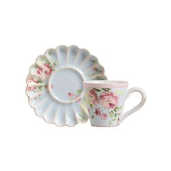 Conjunto 6 Xícara Chá com Pires Azul Rosas Vó Dulc... - Cerâmica Scalla