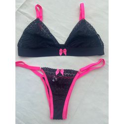 CONJUNTO RENDINHA C/ EÁSTICO PRETO C ALÇAS PINK - SEGREDO SEX SHOP