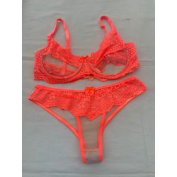 CONJUNTO DE RENDA S/ BOJO C/ TULE E ARO LARANJA - SEGREDO SEX SHOP