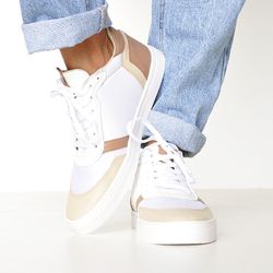 Tênis Feminino Couro Branco, Creme e Marrom - 4206... - SERRA BELLA CALCADOS