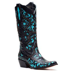 Bota Texana Feminina Laser Couro Floater Preto e Fóssil Azul Turquesa- Silverado... - SILVERADO BOTAS