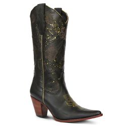 Bota Texana Feminina Couro Dallas Preto Com Detalhes a Laser - Silverado Botas -... - SILVERADO BOTAS