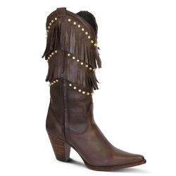 Bota Texana Feminina Couro Dallas Café Com Franjas e Strass - Silverado Botas - ... - SILVERADO BOTAS