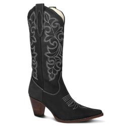 Bota Texana Feminina Couro Comfort e Crush Preto com Detalhe Laser -  Silverado Botas