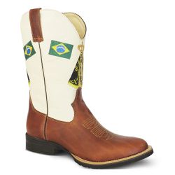 Bota Texana Masculina Couro Fóssil Havana e Floater Marfim Bordado Nossa Senhora... - SILVERADO BOTAS