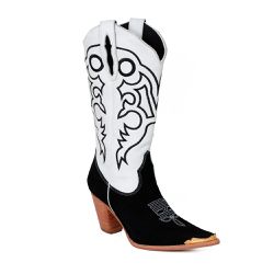 Bota Texana Feminina Couro Nobuck Preto e Floater Branco Com Ponteira - Silverad... - SILVERADO BOTAS