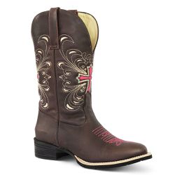 Bota Texana Feminina Couro Fóssil Café Bordado Cruz Rosa - Silverado Botas - 698... - SILVERADO BOTAS