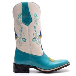 Bota Texana Feminina Couro Fossil Azul Turqueza e Ecologico Marfim - Silverado B... - SILVERADO BOTAS