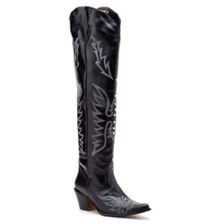 Bota Texana Feminina Cano Longo 50cm Couro Dallas Preto c/ Strass - Silverado Bo... - SILVERADO BOTAS