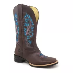 Bota Texana Feminina Couro Fossil Cafe Bordado e Florao Cruz - Silverado Botas -... - SILVERADO BOTAS