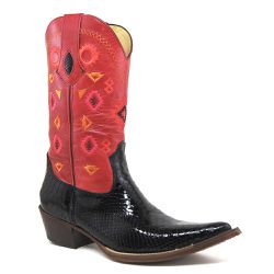 Bota Texana Masculina Couro Anaconda Verniz Preto e Fossil Vermelho- Silverado B... - SILVERADO BOTAS