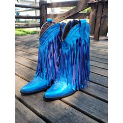 Bota Texana Feminina Couro Metalizado Azul Com Franjas Bordada - Silverado Botas... - SILVERADO BOTAS