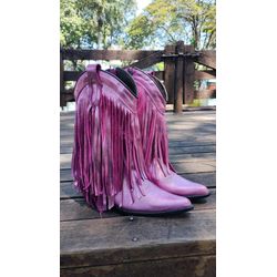 Bota Texana Feminina Couro Metalizado Rosa Com Franjas - Silverado Botas - 2505- - SILVERADO BOTAS