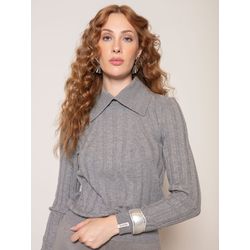 Blusa Canelada c/ Gola Polo Removível Biamar Cinza... - STILOMOR