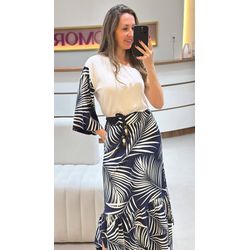 Saia Longa Viscolinho Animal Print - Marinho - 255... - STILOMOR