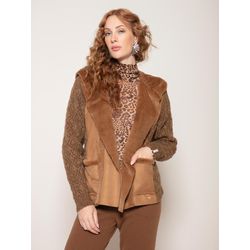 Casaco em Tricô C/ pele Fake e Capuz Biamar Carame... - STILOMOR