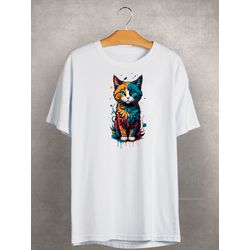 Camiseta Estampada Frente Gatinho Colorido Aquarel... - Atacado Leandrinho