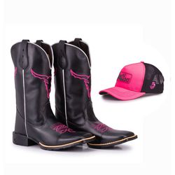 Kit - Bota Texana Feminina Preta Bordado Boi Rosa ... - TATU VIRADO