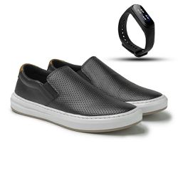 Slip On Street em Couro Preto + Gratis Relógio Dig... - TESTAAEI