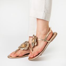 Sandalia Laroche Hellen Flor em Couro - Ouro Claro... - TESTAAEI