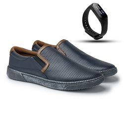 Slip On Street em Couro Marinho + Gratis Relógio D... - TESTAAEI