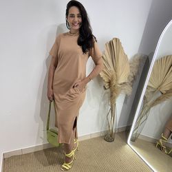 Vestido Camisetão Midi em Algodão Luxuoso - Nude - THAIS VENTURA