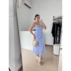 Vestido Linho Mídi Listrado -Azul - THAIS VENTURA