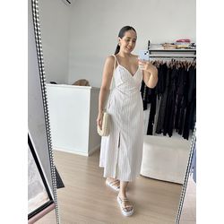 Vestido Linho Mídi Listrado -Nude - THAIS VENTURA