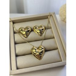 Conjunto Coração Martelado Banhado a Ouro - 4003 - Tutto Acessórios
