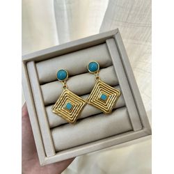 Maxi Brinco Turquesa Ouro - 2784 - Tutto Acessórios
