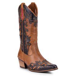 Bota Texana Feminina Bico Fino - Mostarda/preto - ... - VAKARONY