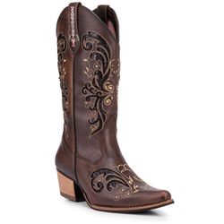 Bota Texana Feminina Bico Fino - Fossil Café/Glitt... - VAKARONY