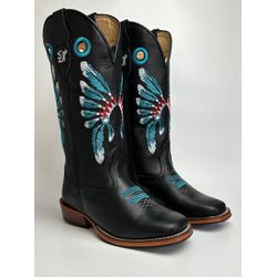 Bota Texana Masculina Bordado Cocar Country em Cou... - Via Horse Boots