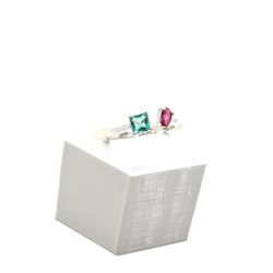 Anel Ajustável Turmalina Verde e Rosa Em Prata 925 - Vila das Pratas e Semijoias 