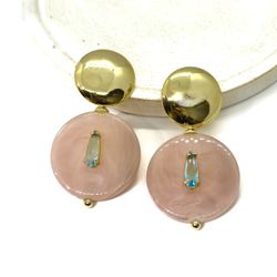 Brinco Redondo Rosa com Gota Azul Banhado a Ouro - Vila das Pratas e Semijoias 
