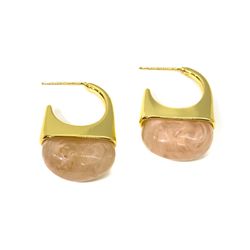 Brinco Meia Argola Quartzo Rosa Banhado a Ouro - Vila das Pratas e Semijoias 